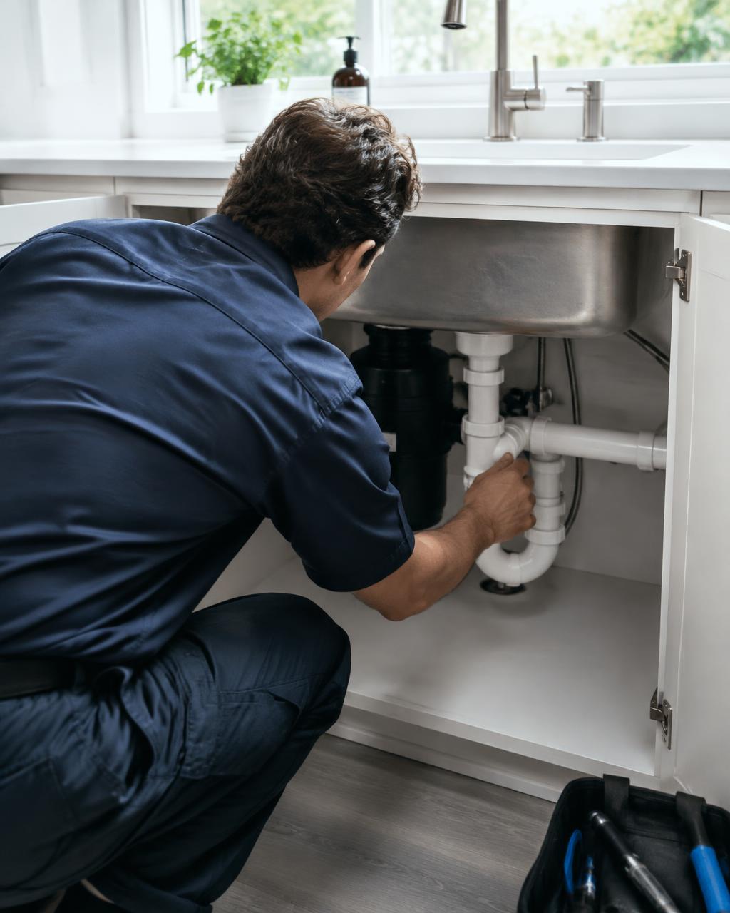 Billy Bell Plumbing technician at work under a kitchen sink